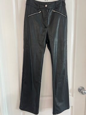 Oh Polly Black Faux Leather Flared Zip-Accent Pants